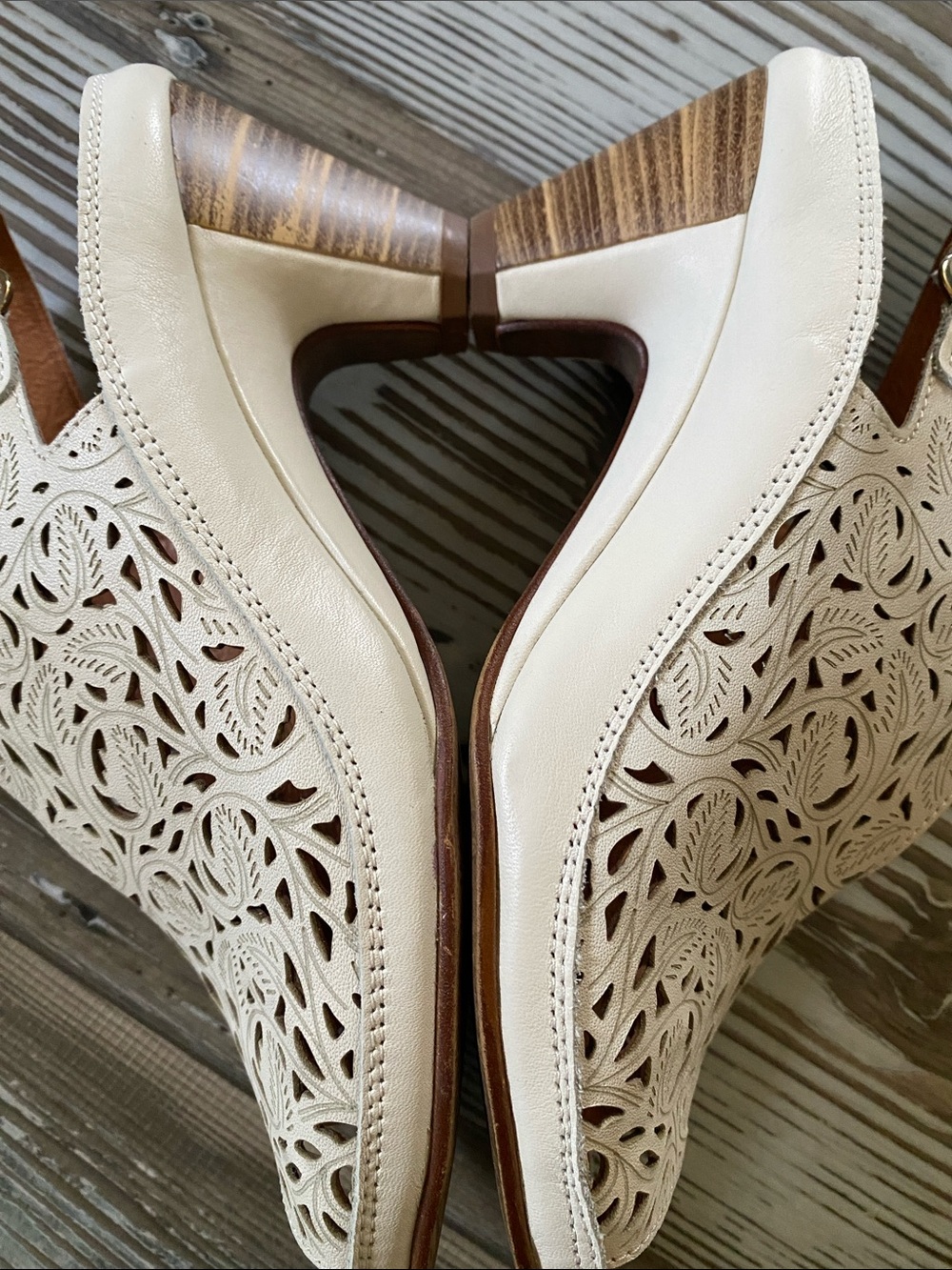 🤍Rare Pikolinos🤍Cream Laser-Cut Lace Look Leather Slingback Sandals - Picture 9 of 16